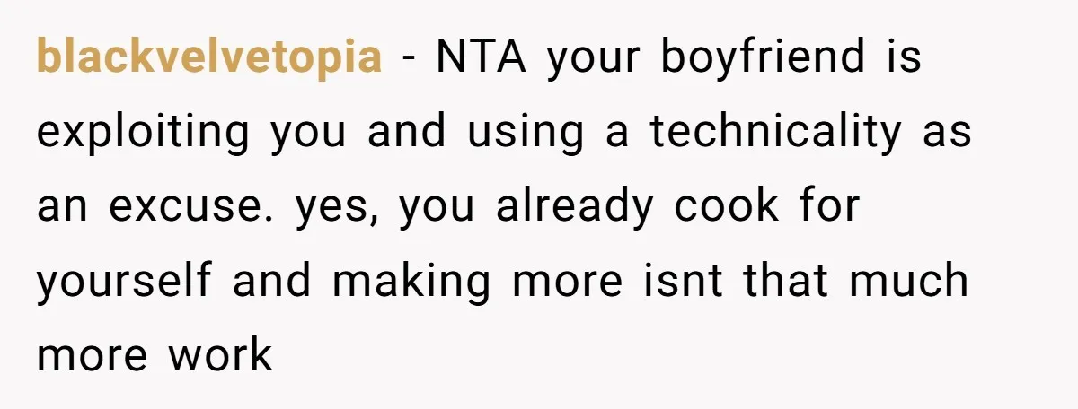 blackvelvetopia − NTA your boyfriend is exploiting you and using a technicality as an excuse. yes, you already cook for yourself and making more isnt that much more work