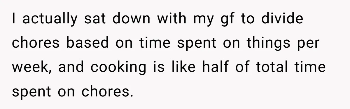 I actually sat down with my gf to divide chores based on time spent on things per week, and cooking is like half of total time spent on chores.