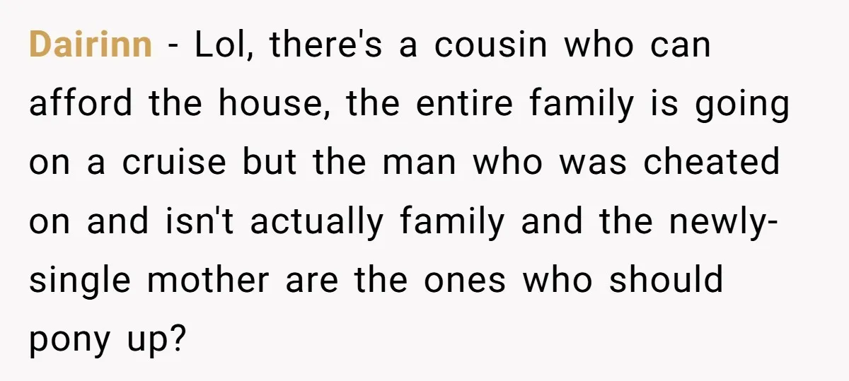 Dairinn − Lol, there's a cousin who can afford the house, the entire family is going on a cruise but the man who was cheated on and isn't actually family...