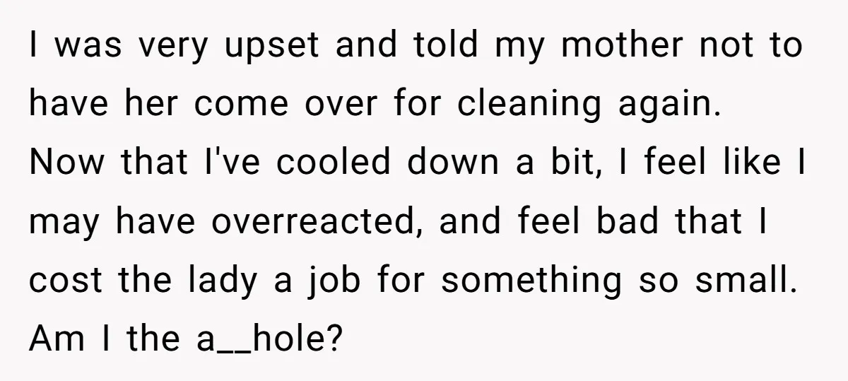I was very upset and told my mother not to have her come over for cleaning again. Now that I've cooled down a bit, I feel like I may have...