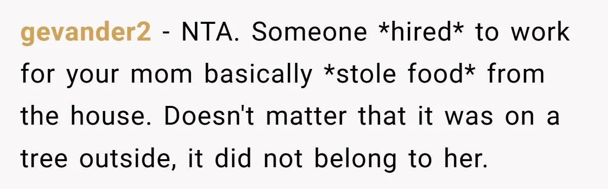 gevander2 − NTA. Someone *hired* to work for your mom basically *stole food* from the house. Doesn't matter that it was on a tree outside, it did not belong to...