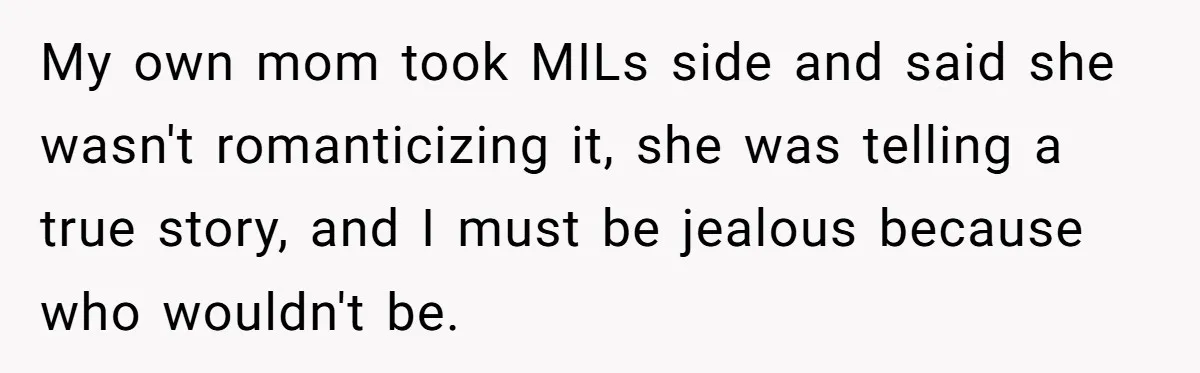 My own mom took MILs side and said she wasn't romanticizing it, she was telling a true story, and I must be jealous because who wouldn't be.