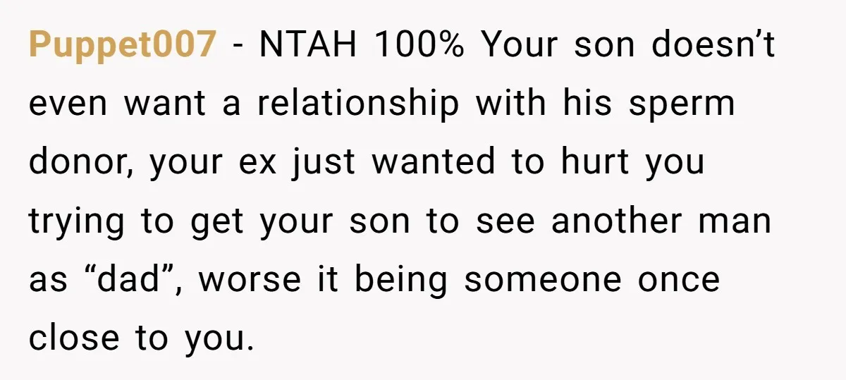 Puppet007 − NTAH 100% Your son doesn’t even want a relationship with his sperm donor, your ex just wanted to hurt you trying to get your son to see another...