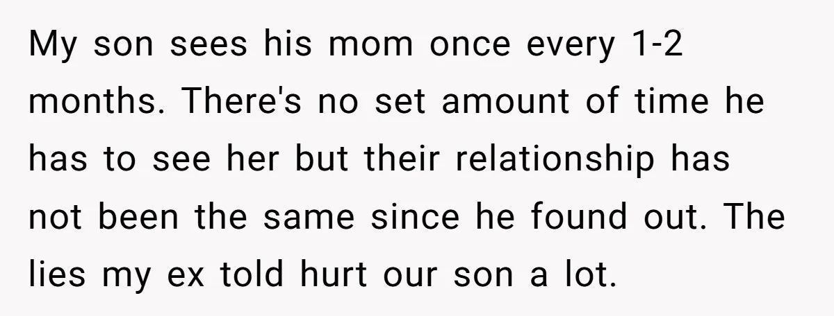 My son sees his mom once every 1-2 months. There's no set amount of time he has to see her but their relationship has not been the same since he...