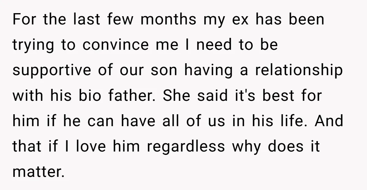 For the last few months my ex has been trying to convince me I need to be supportive of our son having a relationship with his bio father. She said...