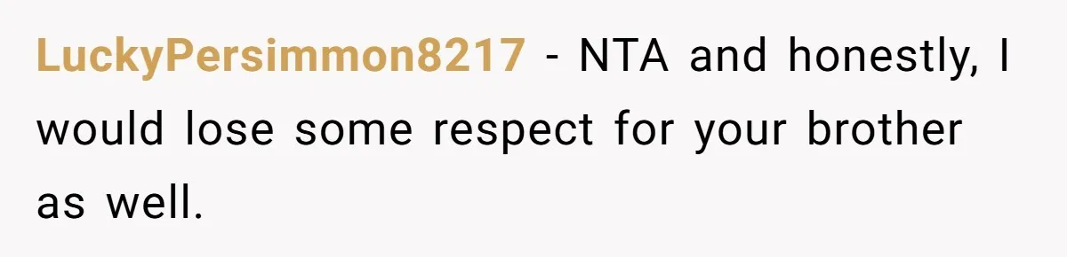 LuckyPersimmon8217 − NTA and honestly, I would lose some respect for your brother as well.