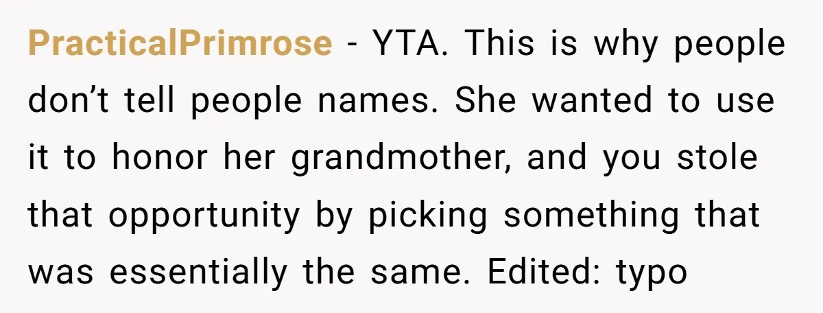 PracticalPrimrose − YTA. This is why people don’t tell people names. She wanted to use it to honor her grandmother, and you stole that opportunity by picking something that was...