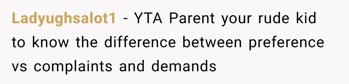 Ladyughsalot1 − YTA Parent your rude kid to know the difference between preference vs complaints and demands