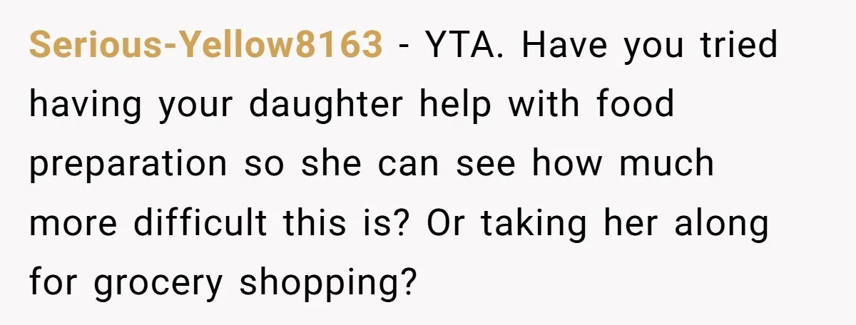 Serious-Yellow8163 − YTA. Have you tried having your daughter help with food preparation so she can see how much more difficult this is? Or taking her along for grocery shopping?