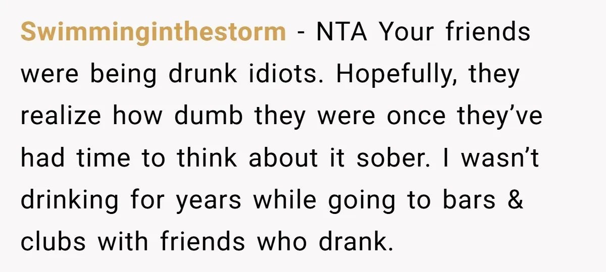 Swimminginthestorm − NTA Your friends were being drunk idiots. Hopefully, they realize how dumb they were once they’ve had time to think about it sober. I wasn’t drinking for years...
