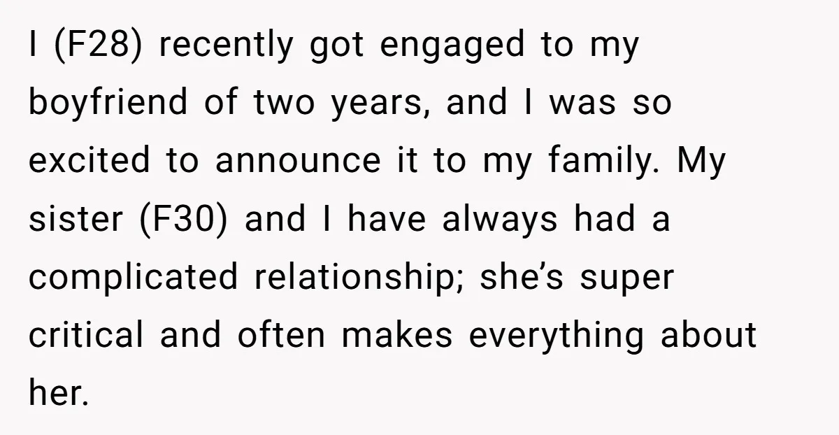 I (F28) recently got engaged to my boyfriend of two years, and I was so excited to announce it to my family. My sister (F30) and I have always had...