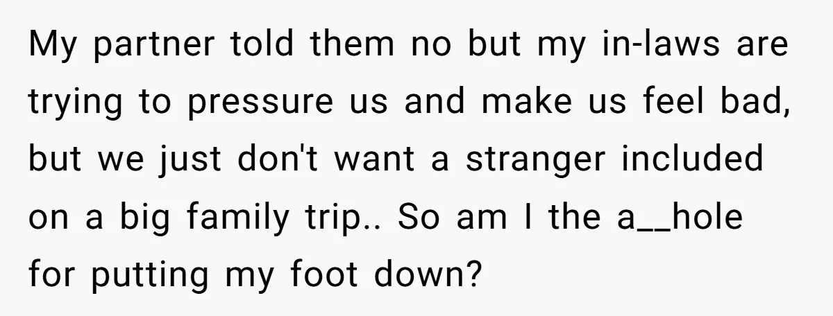 My partner told them no but my in-laws are trying to pressure us and make us feel bad, but we just don't want a stranger included on a big family...
