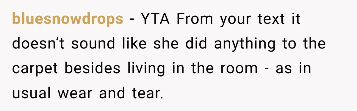 bluesnowdrops − YTA From your text it doesn’t sound like she did anything to the carpet besides living in the room - as in usual wear and tear.