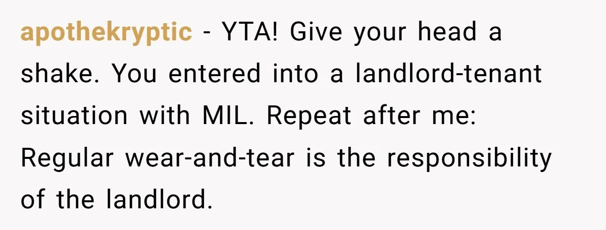 apothekryptic − YTA! Give your head a shake. You entered into a landlord-tenant situation with MIL. Repeat after me: Regular wear-and-tear is the responsibility of the landlord.