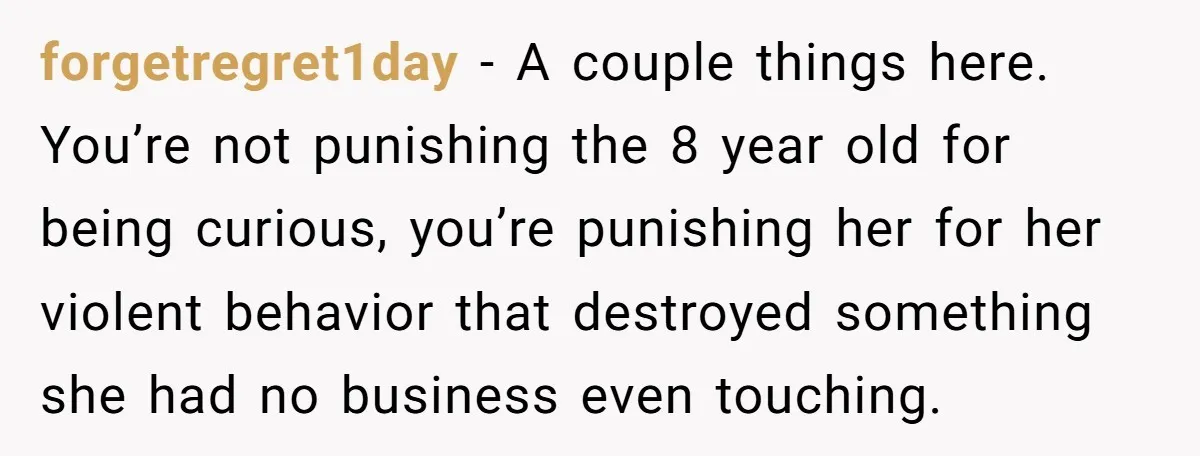 forgetregret1day − A couple things here. You’re not punishing the 8 year old for being curious, you’re punishing her for her violent behavior that destroyed something she had no business...
