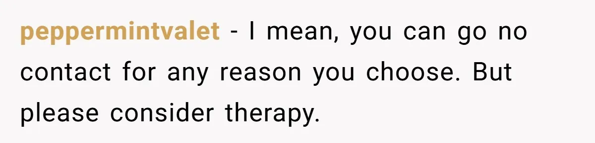 peppermintvalet − I mean, you can go no contact for any reason you choose. But please consider therapy.