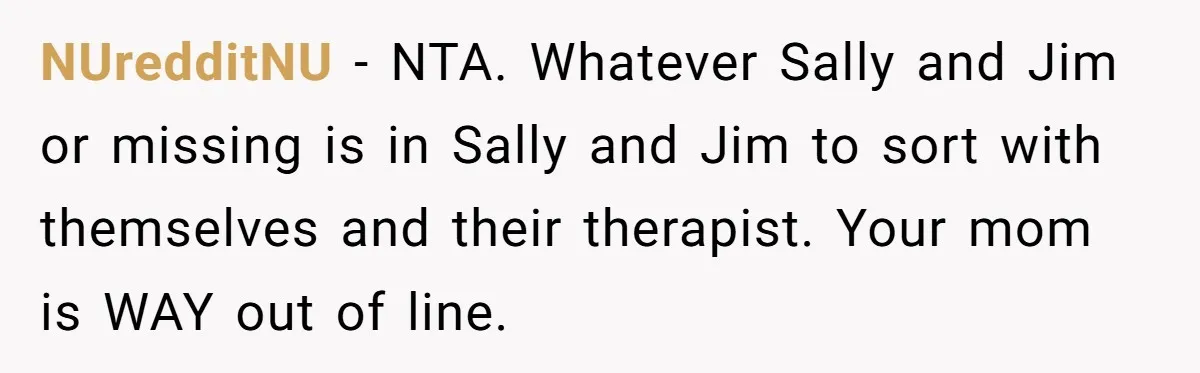 NUredditNU − NTA. Whatever Sally and Jim or missing is in Sally and Jim to sort with themselves and their therapist. Your mom is WAY out of line.