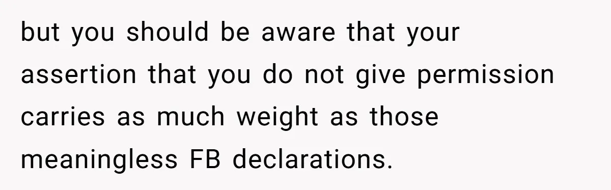 but you should be aware that your assertion that you do not give permission carries as much weight as those meaningless FB declarations.