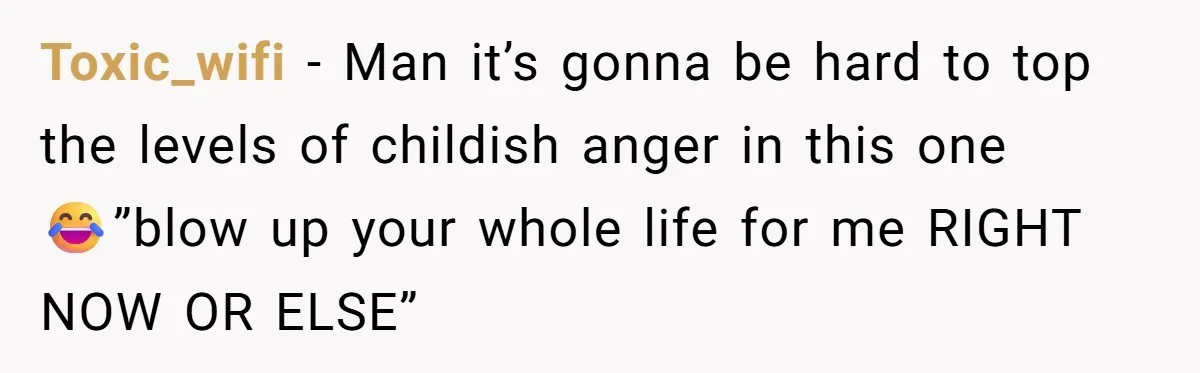 Toxic_wifi − Man it’s gonna be hard to top the levels of childish anger in this one😂”blow up your whole life for me RIGHT NOW OR ELSE”