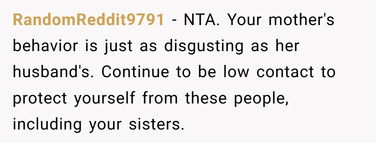 RandomReddit9791 − NTA. Your mother's behavior is just as disgusting as her husband's. Continue to be low contact to protect yourself from these people, including your sisters.