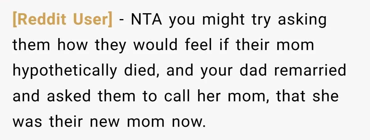 [Reddit User] − NTA you might try asking them how they would feel if their mom hypothetically died, and your dad remarried and asked them to call her mom, that...