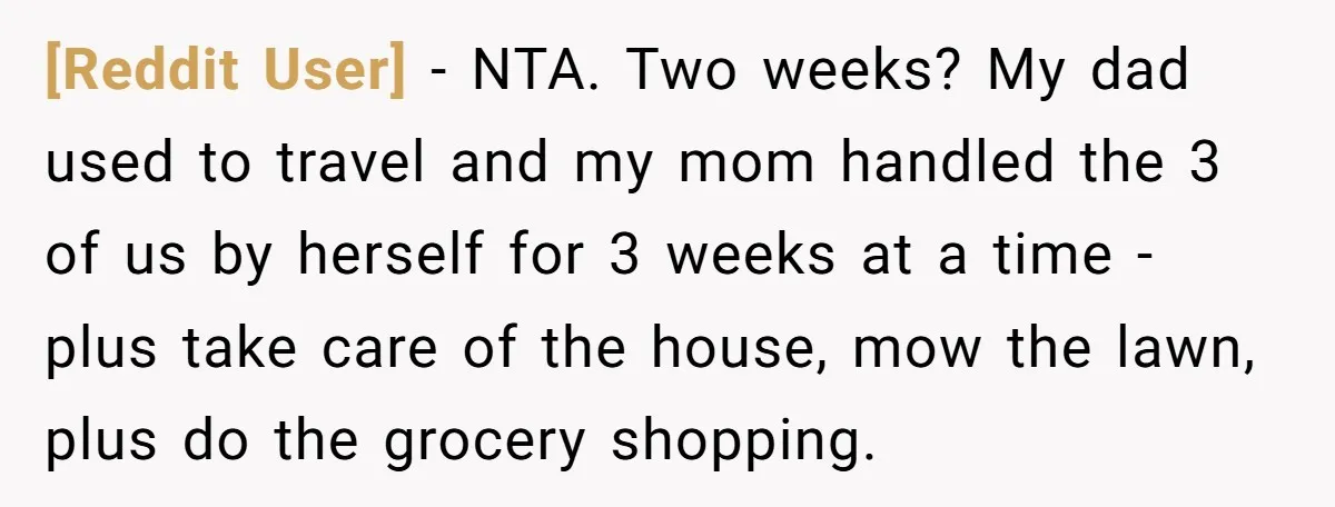 [Reddit User] − NTA. Two weeks? My dad used to travel and my mom handled the 3 of us by herself for 3 weeks at a time - plus take...