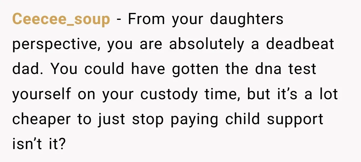 Ceecee_soup − From your daughters perspective, you are absolutely a deadbeat dad. You could have gotten the dna test yourself on your custody time, but it’s a lot cheaper to...