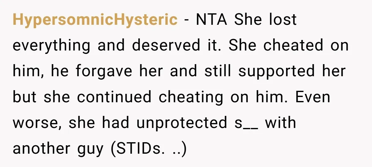 HypersomnicHysteric − NTA She lost everything and deserved it. She cheated on him, he forgave her and still supported her but she continued cheating on him. Even worse, she had...