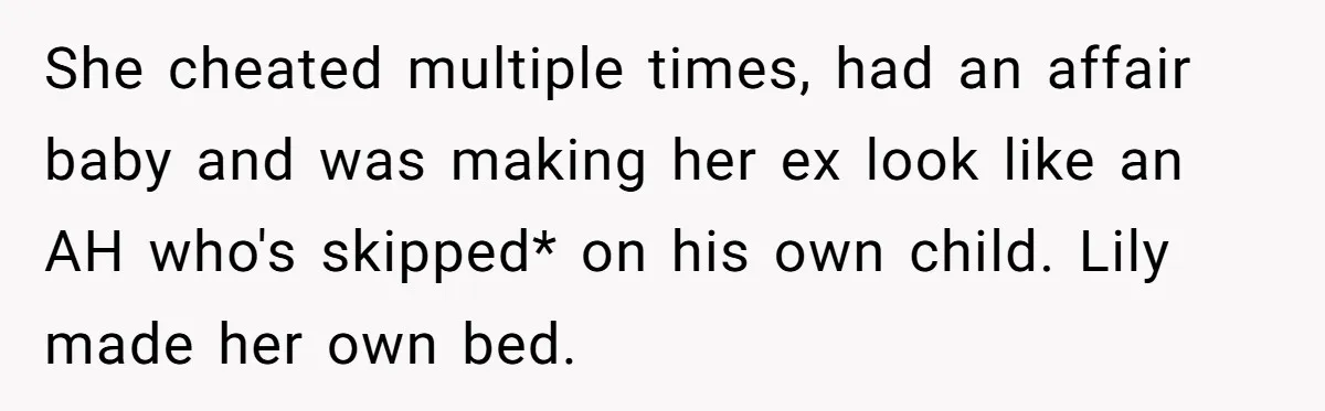 She cheated multiple times, had an affair baby and was making her ex look like an AH who's skipped* on his own child. Lily made her own bed.