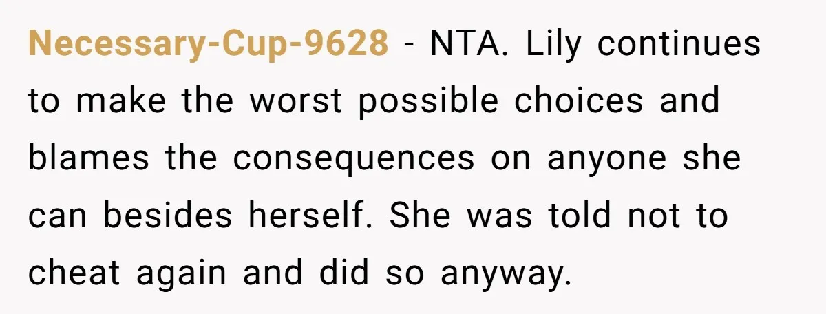 Necessary-Cup-9628 − NTA. Lily continues to make the worst possible choices and blames the consequences on anyone she can besides herself. She was told not to cheat again and did...