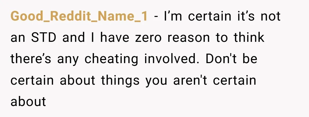 Good_Reddit_Name_1 − I’m certain it’s not an STD and I have zero reason to think there’s any cheating involved. Don't be certain about things you aren't certain about