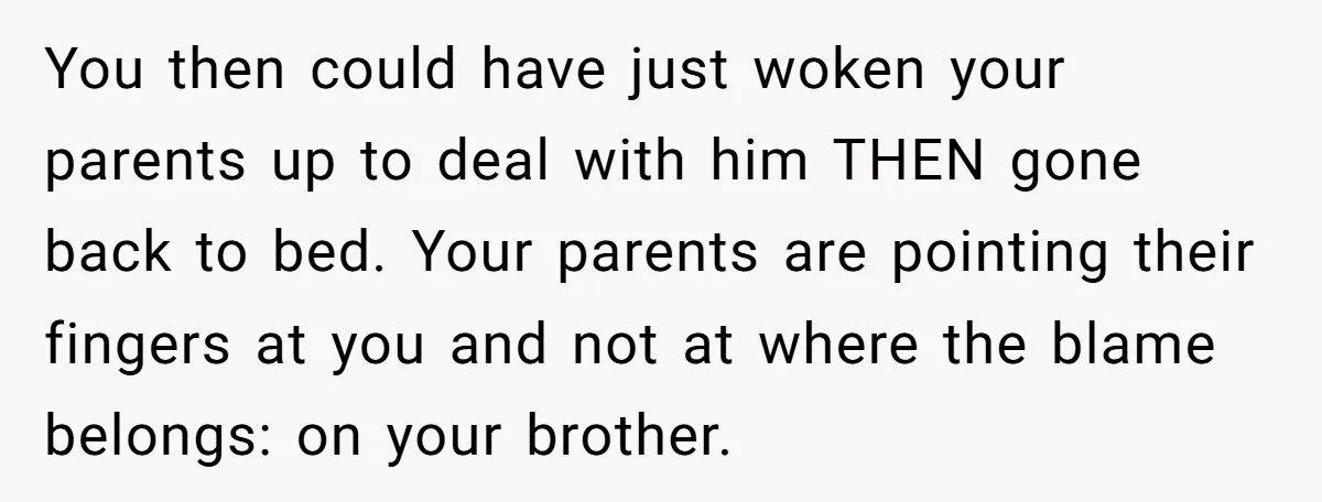 You then could have just woken your parents up to deal with him THEN gone back to bed. Your parents are pointing their fingers at you and not at where...