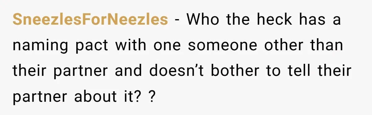 SneezlesForNeezles − Who the heck has a naming pact with one someone other than their partner and doesn’t bother to tell their partner about it? ?