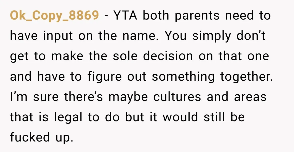 Ok_Copy_8869 − YTA both parents need to have input on the name. You simply don’t get to make the sole decision on that one and have to figure out something...