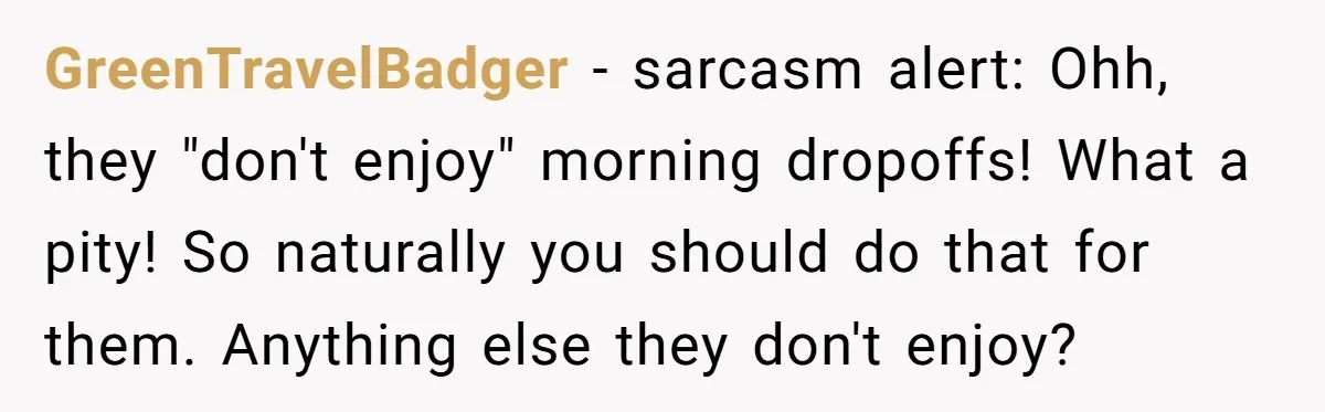 GreenTravelBadger − sarcasm alert: Ohh, they "don't enjoy" morning dropoffs! What a pity! So naturally you should do that for them. Anything else they don't enjoy?