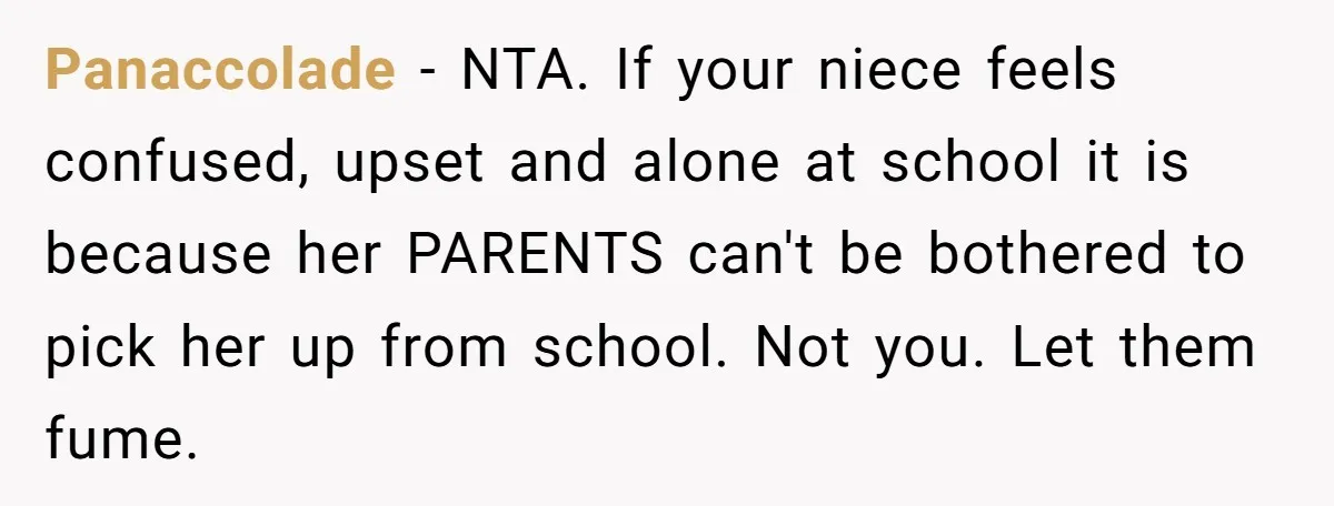 Panaccolade − NTA. If your niece feels confused, upset and alone at school it is because her PARENTS can't be bothered to pick her up from school. Not you. Let...