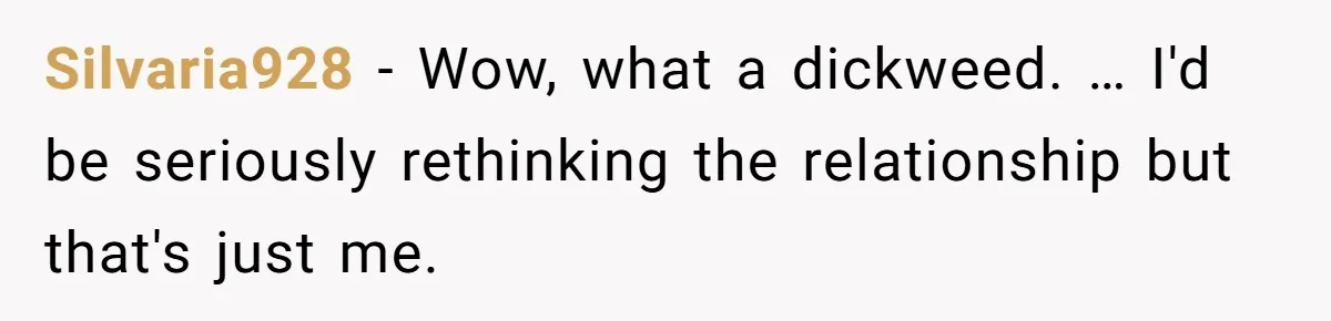 Silvaria928 − Wow, what a dickweed. … I'd be seriously rethinking the relationship but that's just me.