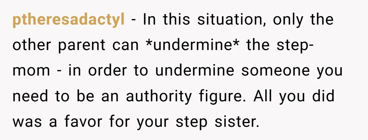 ptheresadactyl − In this situation, only the other parent can *undermine* the step-mom - in order to undermine someone you need to be an authority figure. All you did was...