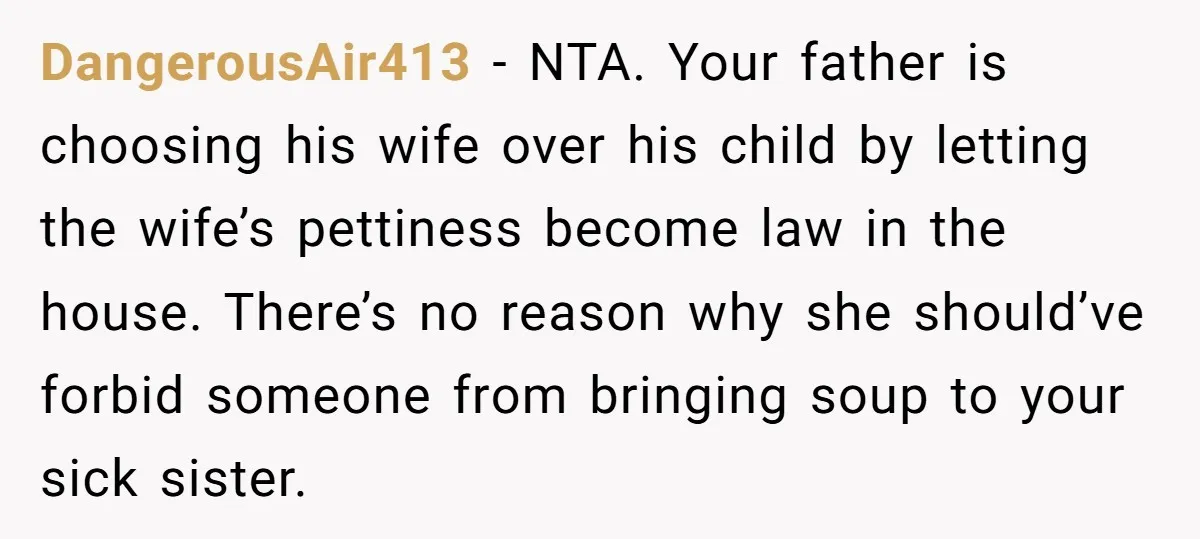 DangerousAir413 − NTA. Your father is choosing his wife over his child by letting the wife’s pettiness become law in the house. There’s no reason why she should’ve forbid someone...