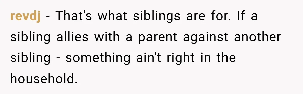 revdj − That's what siblings are for. If a sibling allies with a parent against another sibling - something ain't right in the household.
