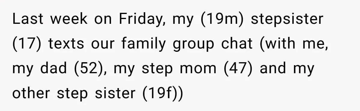Last week on Friday, my (19m) stepsister (17) texts our family group chat (with me, my dad (52), my step mom (47) and my other step sister (19f))