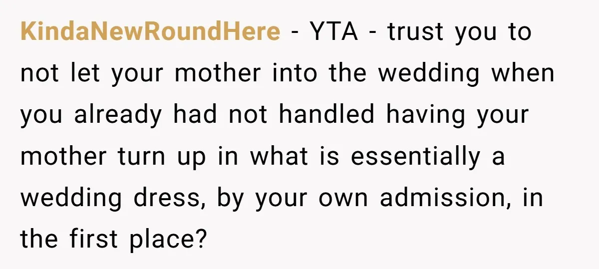 KindaNewRoundHere − YTA - trust you to not let your mother into the wedding when you already had not handled having your mother turn up in what is essentially a...