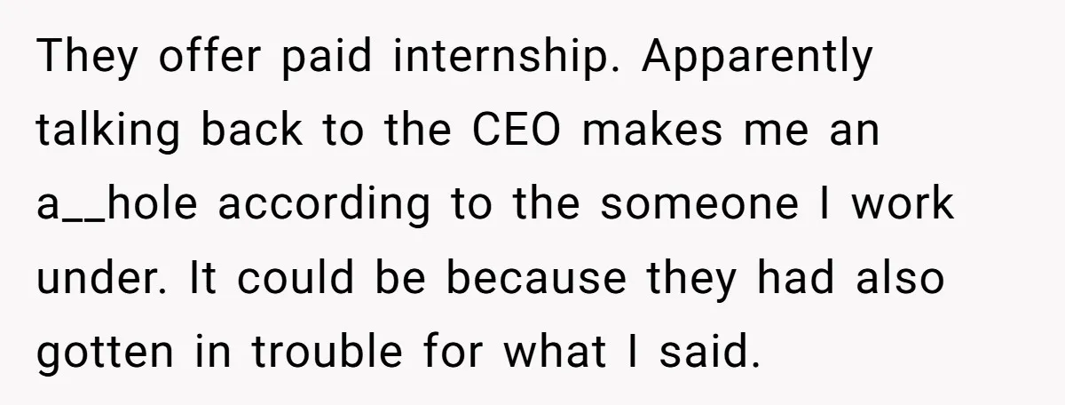 They offer paid internship. Apparently talking back to the CEO makes me an a__hole according to the someone I work under. It could be because they had also gotten in...