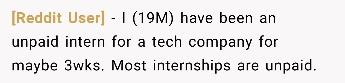 [Reddit User] − I (19M) have been an unpaid intern for a tech company for maybe 3wks. Most internships are unpaid.