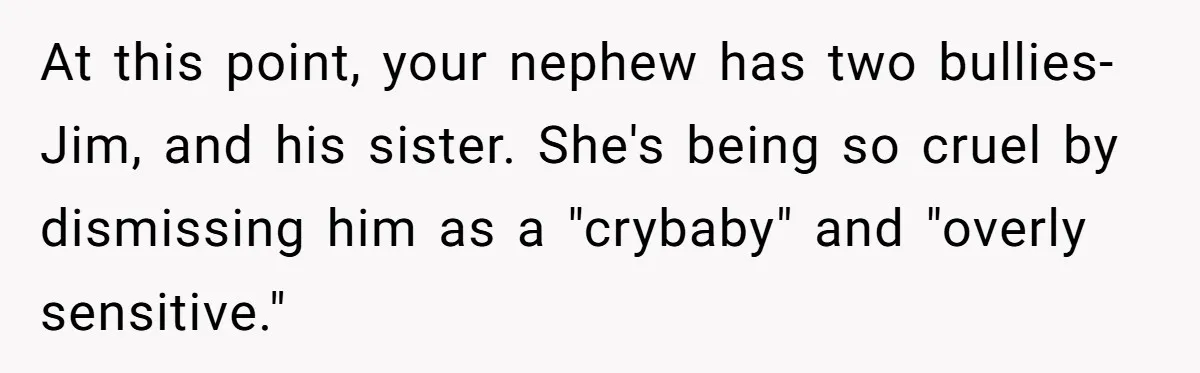 At this point, your nephew has two bullies- Jim, and his sister. She's being so cruel by dismissing him as a "crybaby" and "overly sensitive."