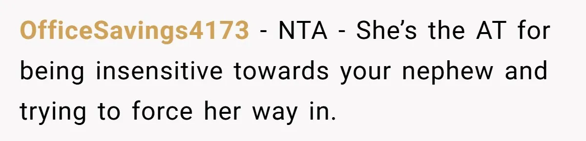 OfficeSavings4173 − NTA - She’s the AT for being insensitive towards your nephew and trying to force her way in.