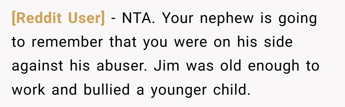 [Reddit User] − NTA. Your nephew is going to remember that you were on his side against his abuser. Jim was old enough to work and bullied a younger child.