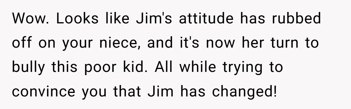 Wow. Looks like Jim's attitude has rubbed off on your niece, and it's now her turn to bully this poor kid. All while trying to convince you that Jim has...