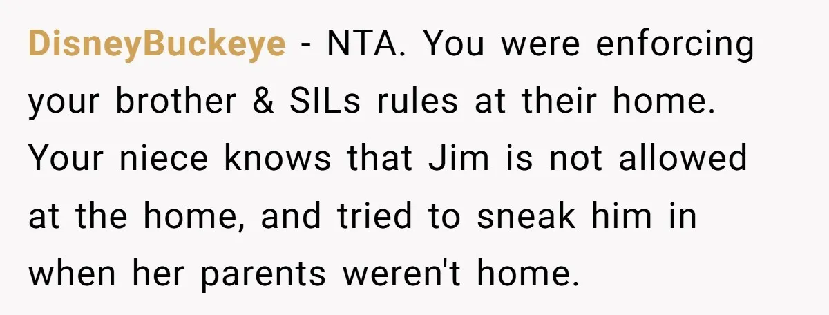 DisneyBuckeye − NTA. You were enforcing your brother & SILs rules at their home. Your niece knows that Jim is not allowed at the home, and tried to sneak him...