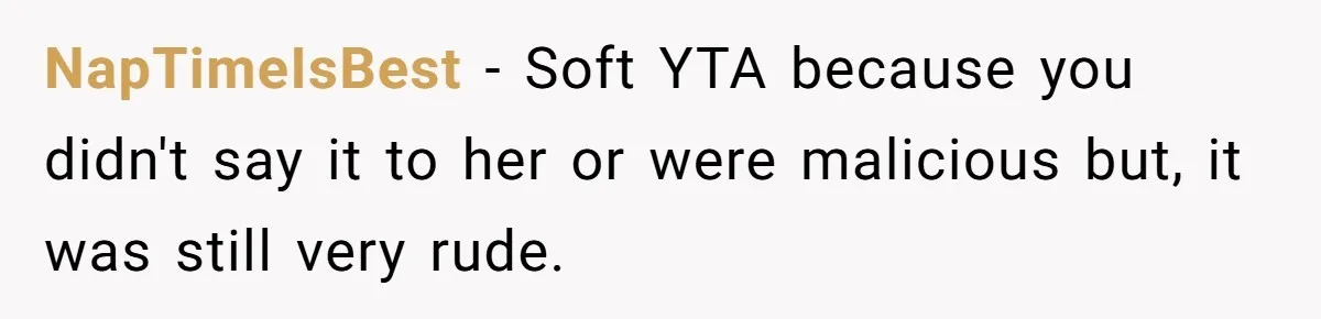 NapTimeIsBest − Soft YTA because you didn't say it to her or were malicious but, it was still very rude.